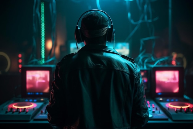 Un homme dans une pièce sombre avec un DJ portant des écouteurs et une veste noire.
