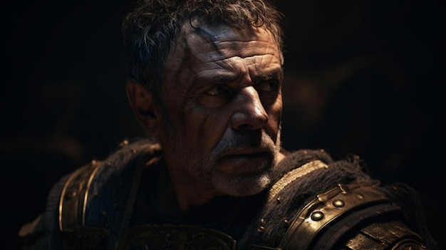 Un homme dans une pièce sombre avec un fond sombre et un fond sombre avec le mot gladiateur dessus.