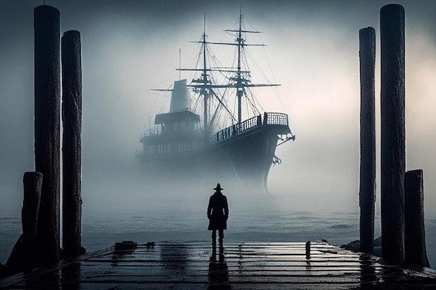 homme dans le port dans le brouillard.