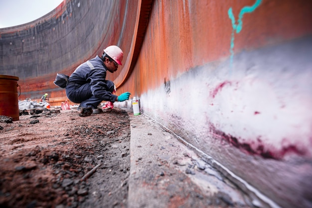 Homme dans le processus d'inspection du travail couleur chimique nettoyage des soudures de peinture développeur blanc au avec des réservoirs en acier au carbone la zone espace confiné