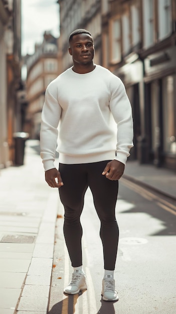 Photo un homme dans un pull blanc se tient sur un trottoir dans une ville