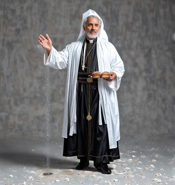 Photo un homme dans une robe blanche et une robe noire se tient devant un mur avec beaucoup