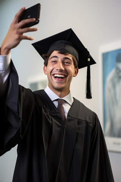 un homme dans une robe de graduation prenant un selfie