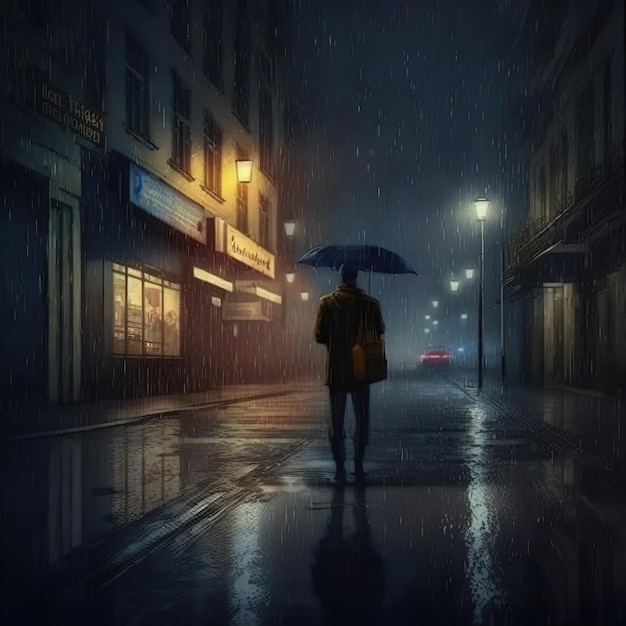 Un homme dans une rue déserte par une nuit pluvieuse