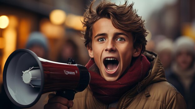 Un homme dans la rue avec un mégaphone.