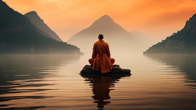 un homme dans sa robe orange est assis sur un bateau en bois dans un style de tranquillité zen