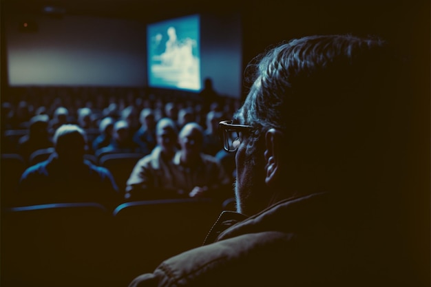 Un homme dans une salle de cinéma regardant un film avec un grand écran derrière lui