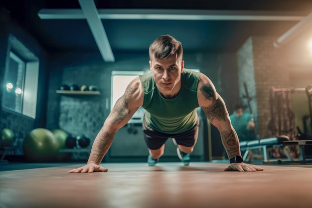 Un homme dans la salle de gym fait des pompes En faisant du sport dans la salle de fitness, un jeune homme d'apparence européenne avec des tatouages sur les bras exerce une illustration dans des tons verts Generative AI