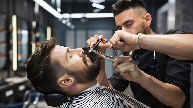 Un homme dans un salon de coiffure se coupe les cheveux et se taille la barbe.