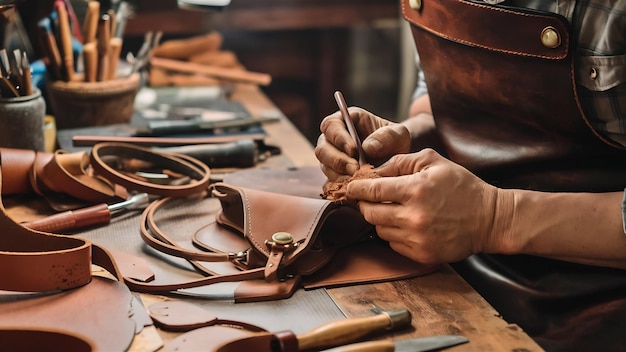 Un homme dans un studio crée des articles en cuir