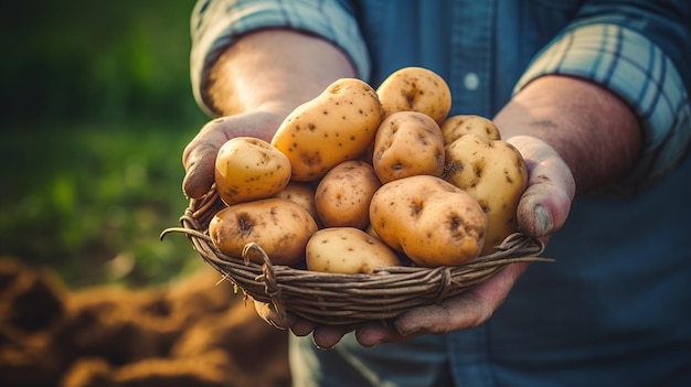 un homme dans un t-shirt blanc avec un panier de pommes de terre