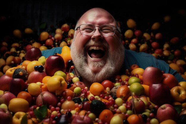 Un homme dans un tas de fruits