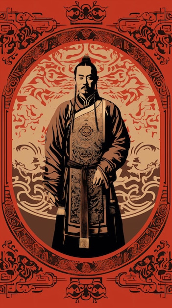 un homme dans une tenue de style chinois debout devant un fond rouge
