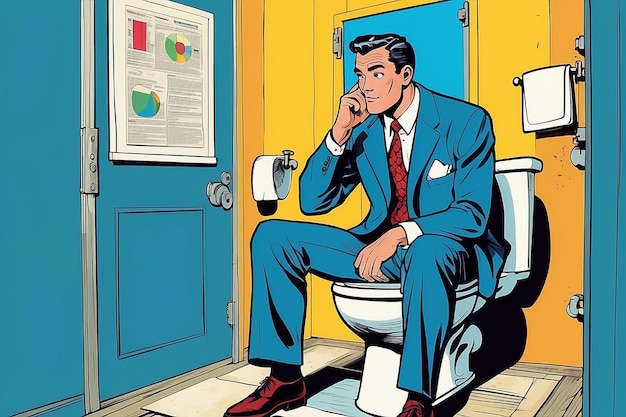 L'homme dans les toilettes regarde les indicateurs d'affaires