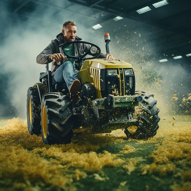 L'homme dans le tracteur aérant le terrain de football véritable humain