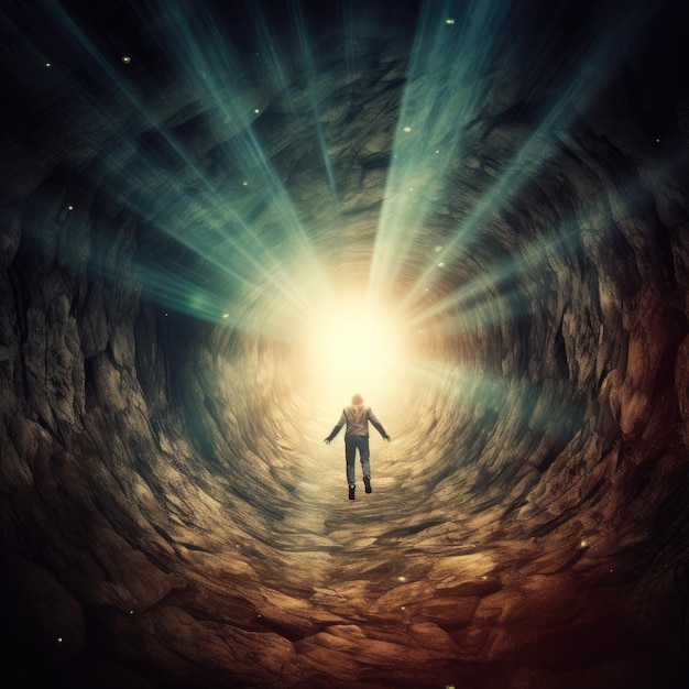 Homme dans un tunnel sombre avec des rayons lumineux provenant du bout du tunnel