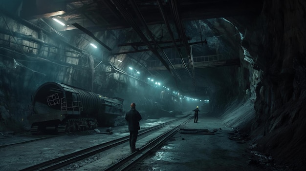 un homme dans un tunnel sombre avec un train qui en sort