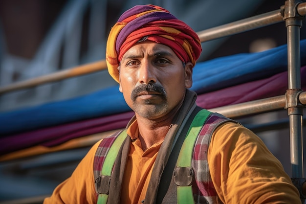 Un homme dans un turban coloré se tient devant un tas de bâtons