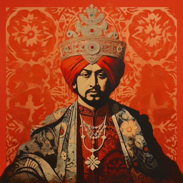 un homme dans un turban et une couronne sur fond rouge