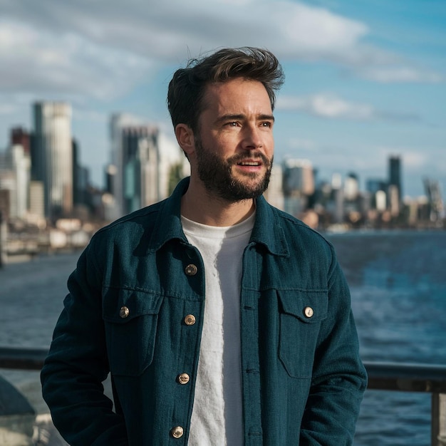 un homme dans une veste bleue se tient devant un horizon de la ville