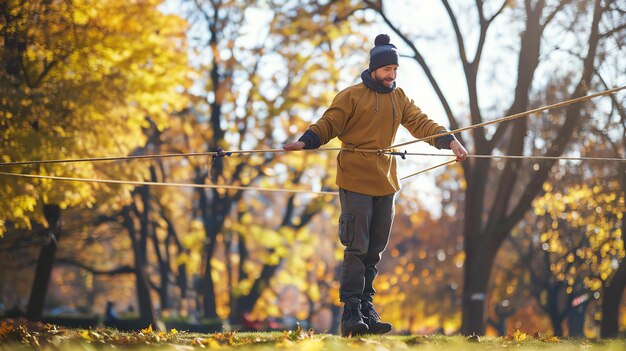 Photo un homme dans une veste jaune et un pantalon gris marche sur une corde dans un parc les arbres à l'arrière-plan sont à l'automne