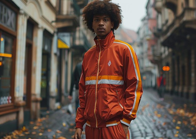 un homme dans une veste orange et blanche marche dans une rue