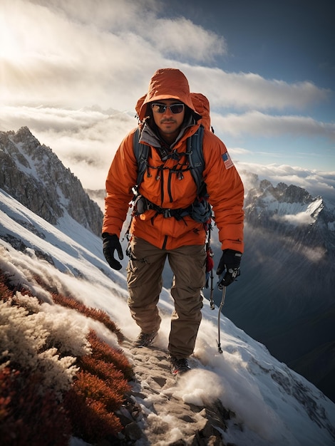 Un homme dans une veste orange grimpe sur une montagne enneigée.