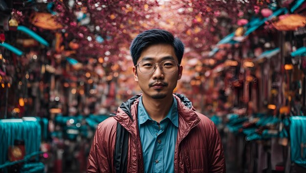 Un homme dans une veste rouge debout devant un arbre majestueux