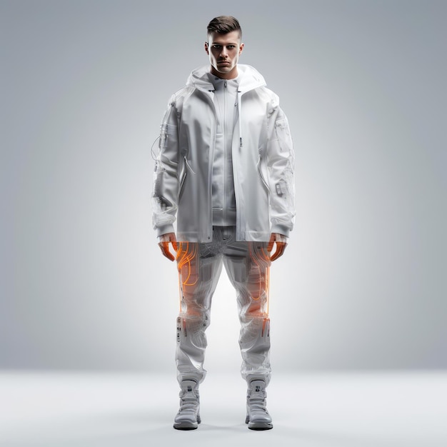 Un homme dans les vêtements du futur sur un fond blanc