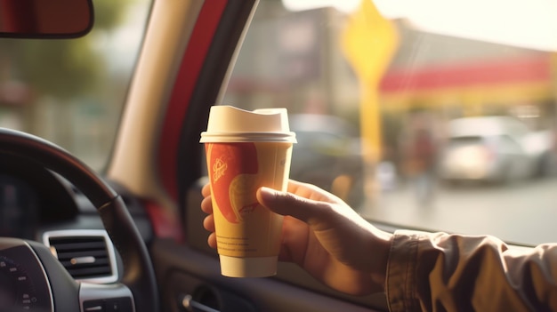 Photo l'homme dans la voiture reçoit du café dans un restaurant de restauration rapide. le personnel sert des plats à emporter pour le chauffeur dans la fenêtre de livraison. conduisez et emportez pour acheter des aliments rapides pour protéger.