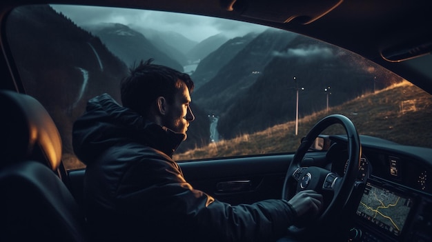 Un homme dans une voiture regardant un paysage de montagne