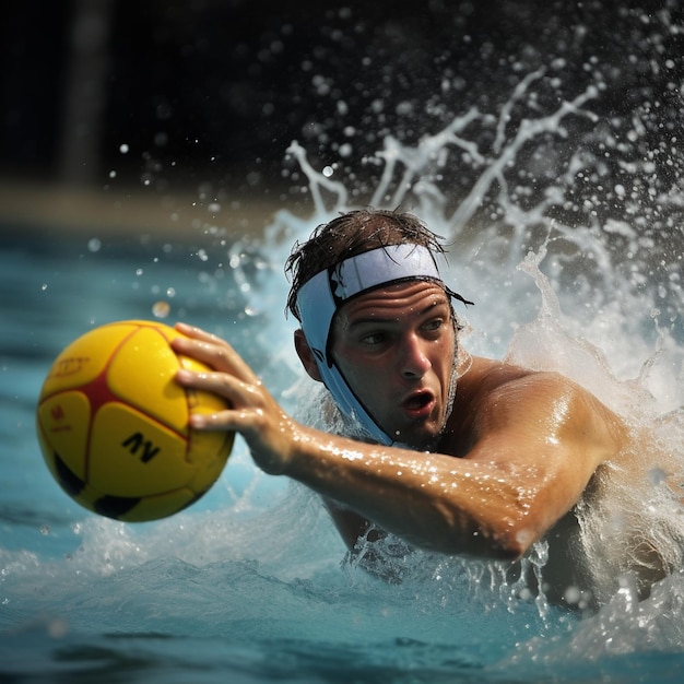 Un homme dans un water-polo avec un ballon jaune à la main.