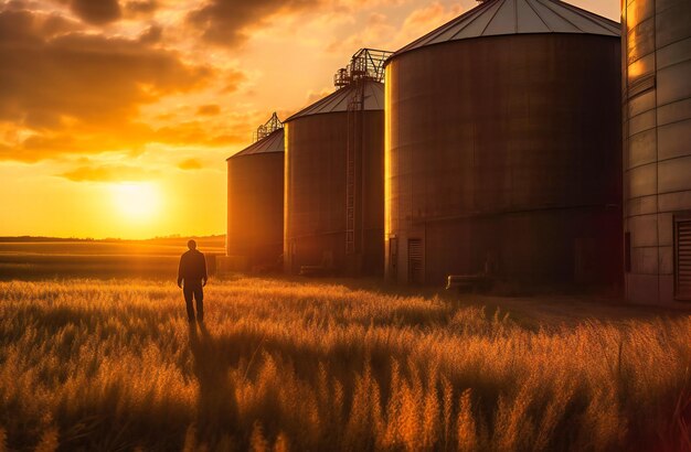 Homme debout au bord des silos à grains