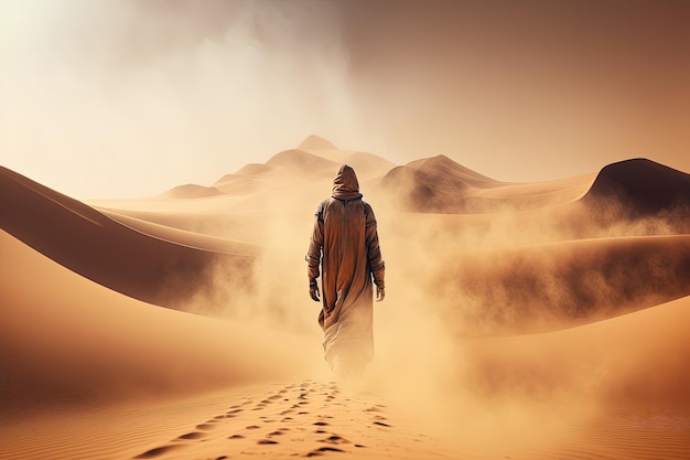 Un homme debout au milieu d'une IA générative du désert