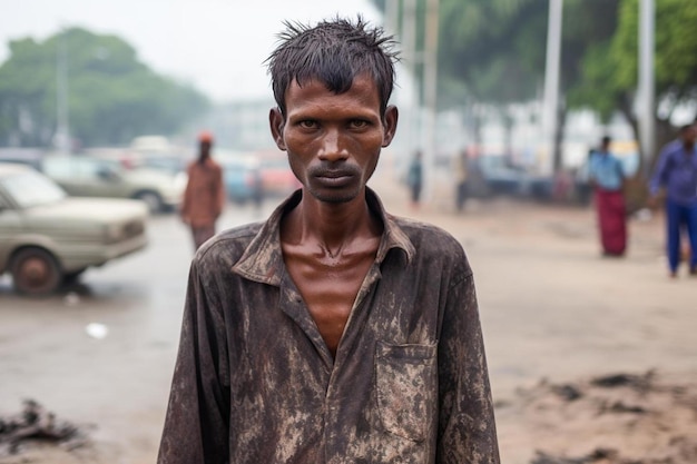 un homme debout au milieu d’une rue sale