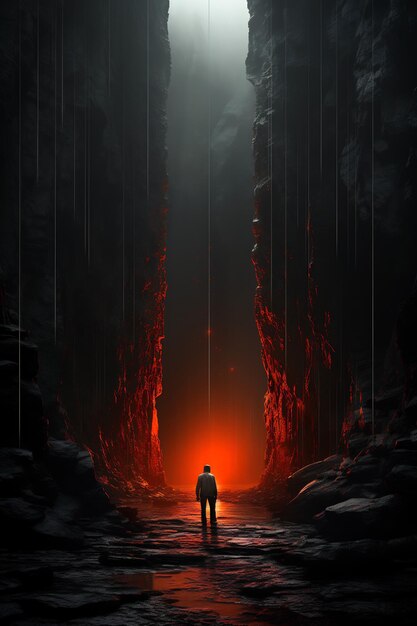 Homme debout au milieu d'un tunnel avec des feux rouges Generative AI