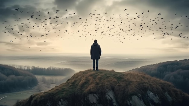 Un homme debout au sommet d'une colline entourée d'oiseaux