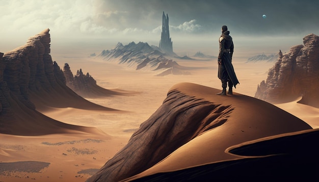 Un homme debout au sommet d'une colline de sable