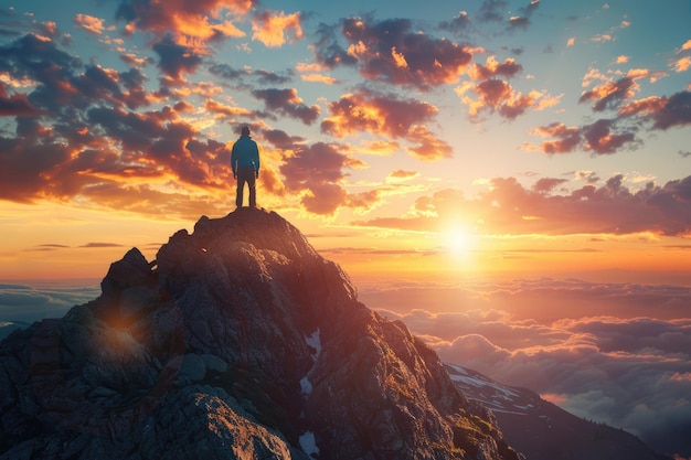 Photo un homme debout au sommet d'une montagne au coucher du soleil objectifs et réalisations composite photo concept