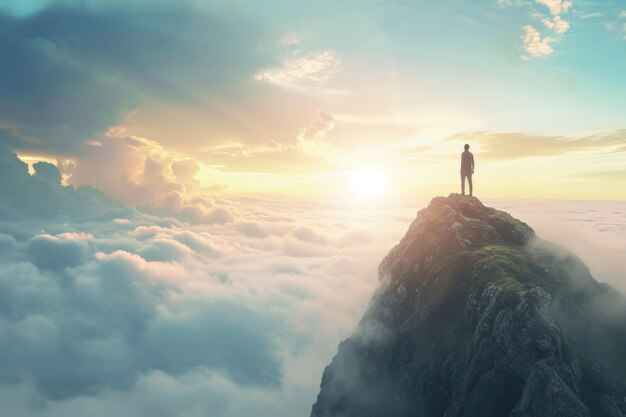 Un homme debout au sommet d'une montagne Une composition photo conceptuelle d'objectifs et de réalisations