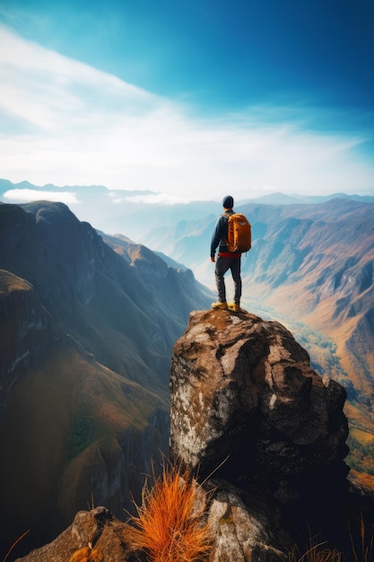 Homme debout au sommet d'une montagne avec un sac à dos sur le dos AI générative