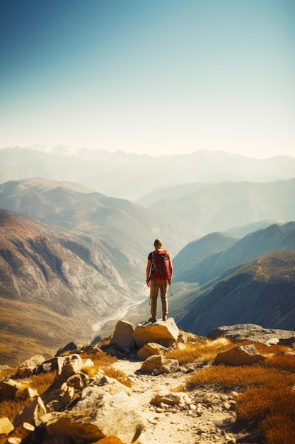 Homme debout au sommet d'une montagne avec un sac à dos sur le dos AI générative