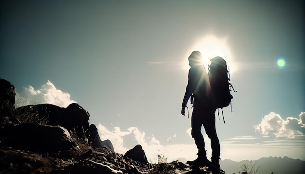 Homme debout au sommet d'une montagne avec un sac à dos sur le dos et un coucher de soleil en arrière-plan derrière lui avec un ciel rouge et des nuages orange et une générative d'IA aux teintes rouges