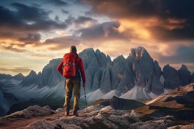 un homme debout au sommet d'une montagne avec un sac à dos