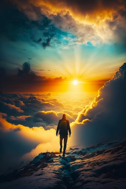 Homme debout au sommet d'une montagne avec le soleil dans le ciel derrière lui Generative AI