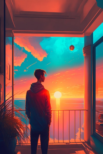 Homme debout sur un balcon regardant le coucher du soleil ai générative