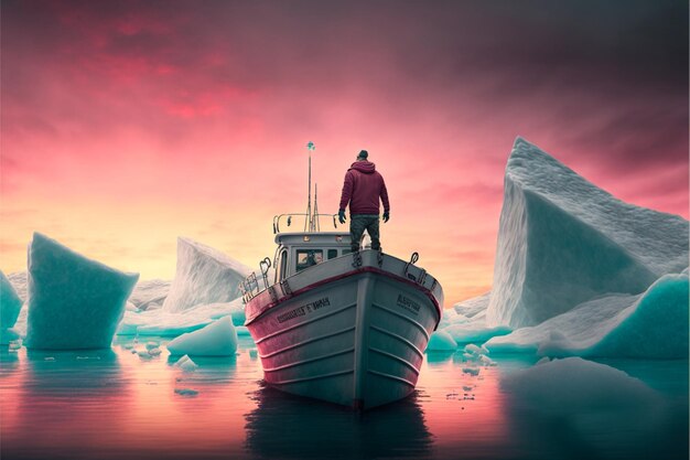 Homme debout sur un bateau dans l'eau ai générative