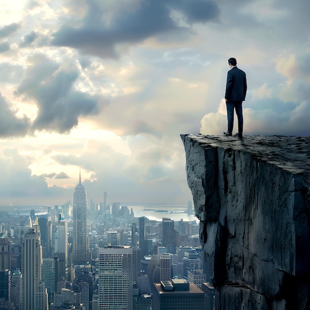 Homme debout sur le bord d'une falaise avec un paysage urbain surréaliste en dessous Conceptuel stimulant inspirant Idéal pour l'art mural et les affiches motivationnelles AI