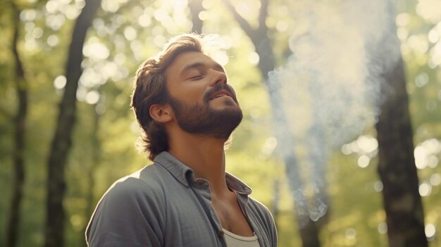 un homme debout dans les bois, les yeux fermés