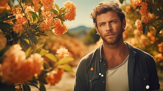 Photo un homme debout dans un champ d'agrumes en fleurs.